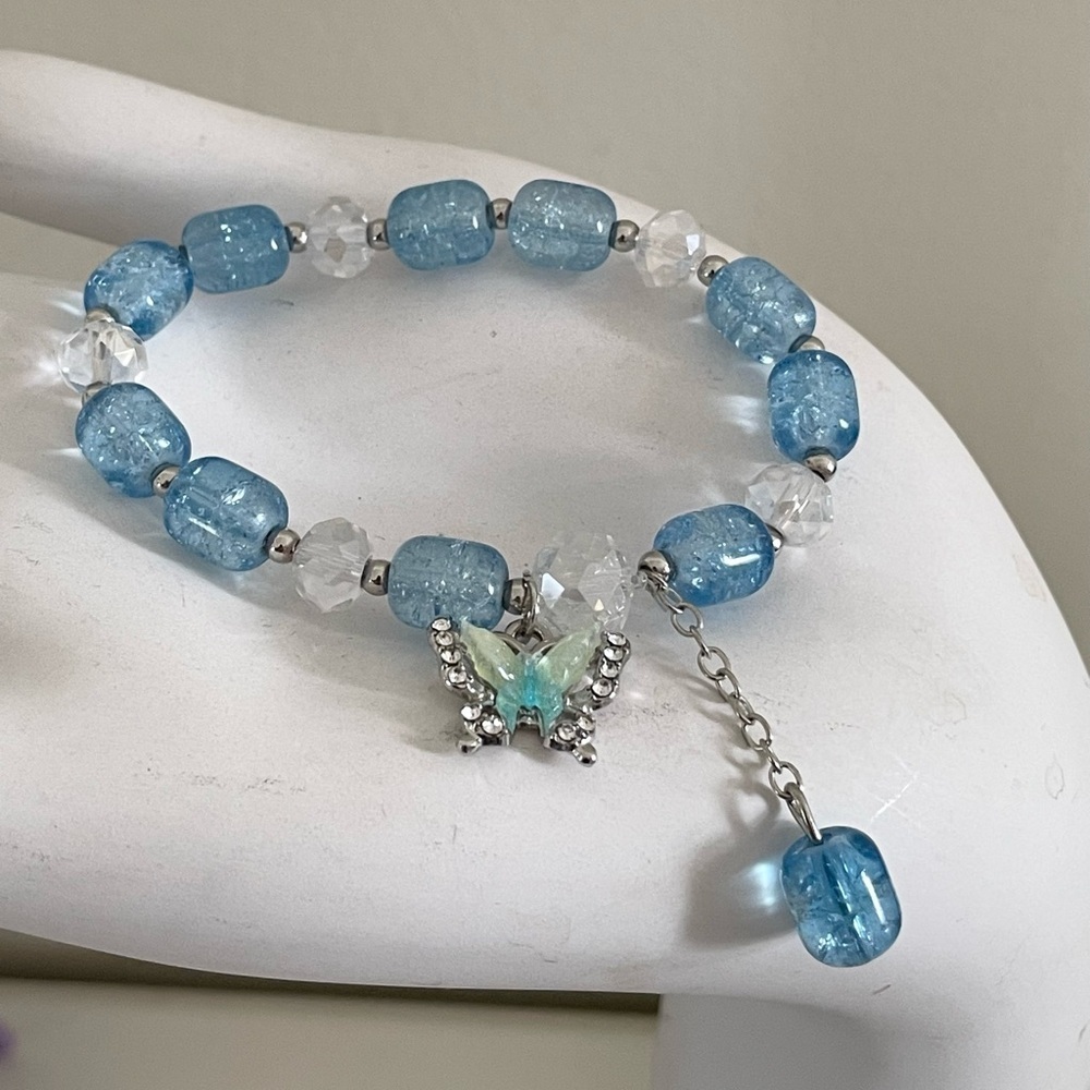 Blue and Clear Beaded Stretch Small Bracelet with Butterfly Charm - Picture 15 of 17